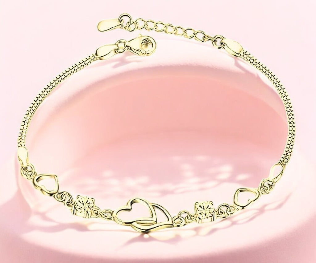 Double Heart Shape Gold Plated CZ Crystal Bracelet, Gift for Loved One, Valentine's Day Gift