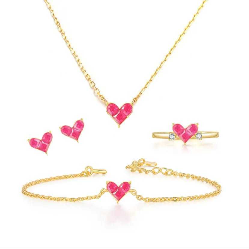 Heart Shape 21K Gold Plated Combo of Necklace Set with Earrings, Bracelet and Ring for Girls and Women