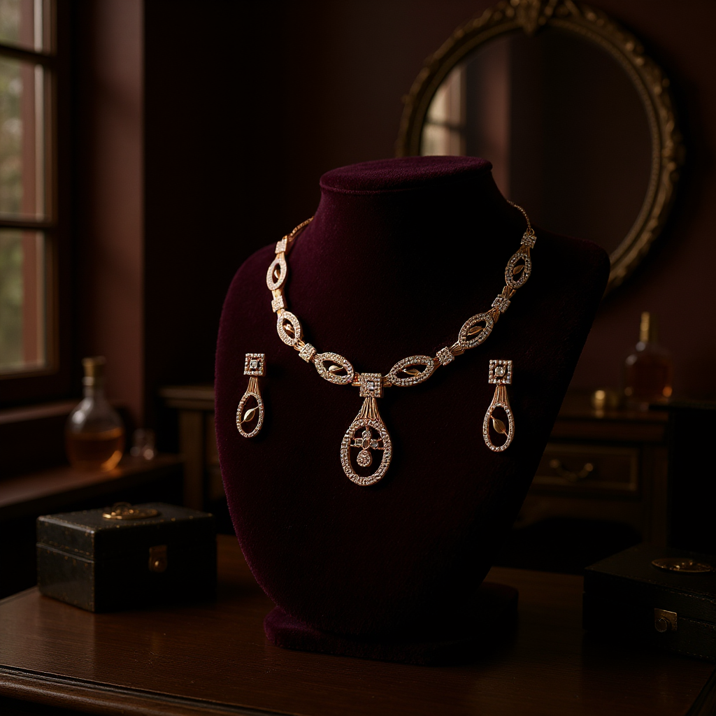 Nilu's Collection Rose Gold Plated Necklace Set with American Diamond for Women and Girls | Lightweight & Adjustable Design | Anti-Tarnish | Anti-Allergy