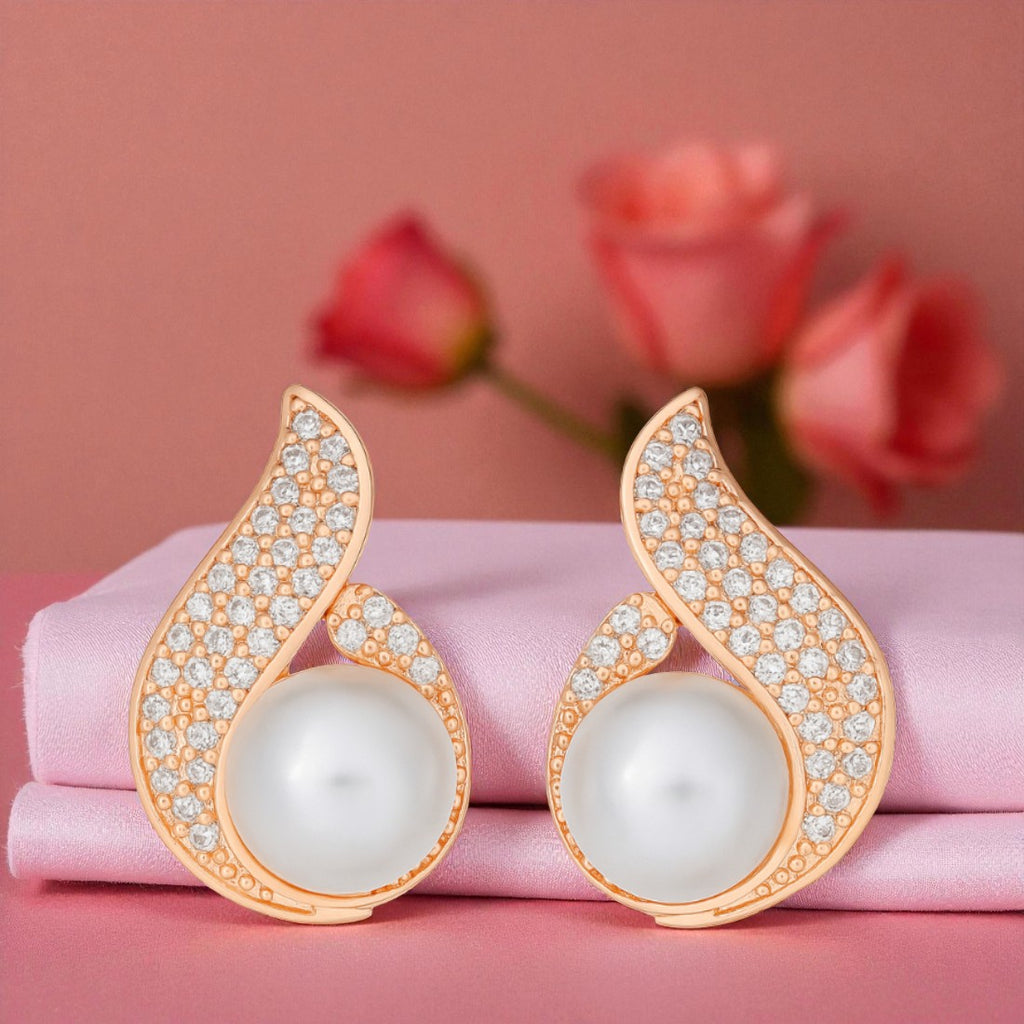 Nilu's Collection Rose Gold Plated Pearl Stud Earrings with Sparkling AD Stones Earrings for Women & Girls | Perfect for Gifting | Anti-Tarnish