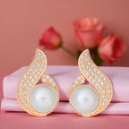 Nilu's Collection Rose Gold Plated Pearl Stud Earrings with Sparkling AD Stones Earrings for Women & Girls | Perfect for Gifting | Anti-Tarnish