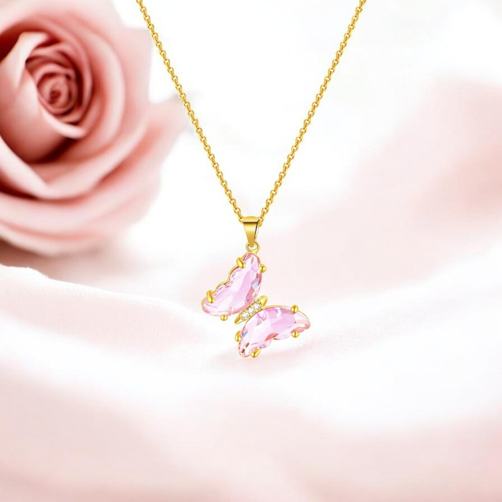 Nilu's Collection Gold Plated Pink Chrystal Butterfly Pendant For Women And Girls