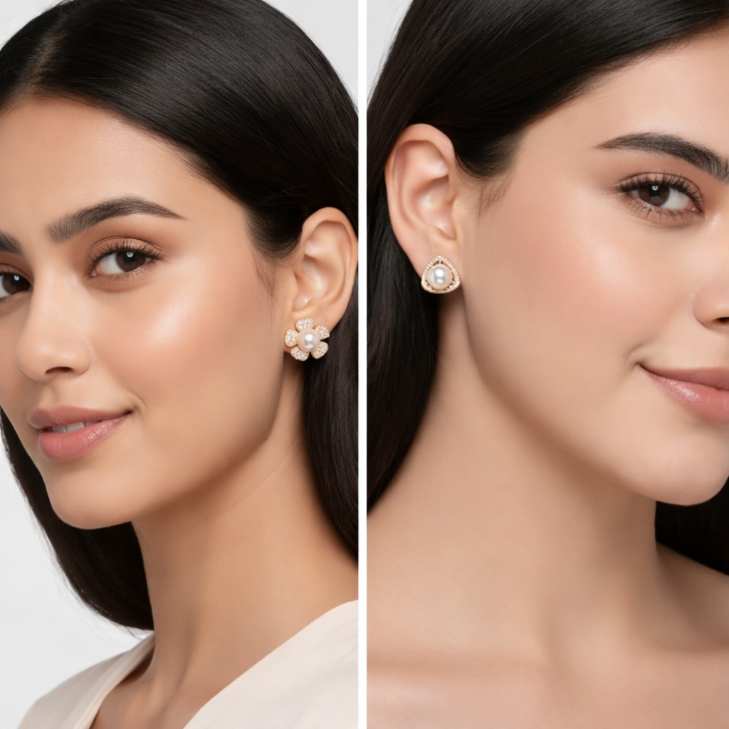 Pearl Pop Rose Gold Plated Pearl Stud Earrings| Value Set with AD Stone for Women And Girls