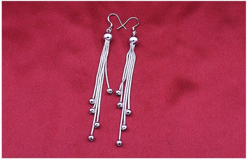 Nilu's Collection Silver Plated Long Five Beads Retro Earrings Flash Jewelry for Girls and Women Alloy Drops & Danglers