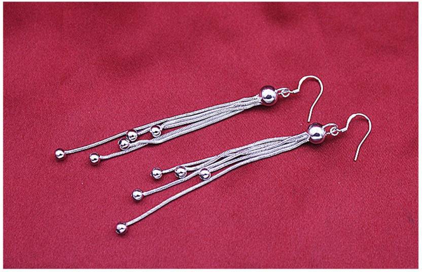Nilu's Collection Silver Plated Long Five Beads Retro Earrings Flash Jewelry for Girls and Women Alloy Drops & Danglers