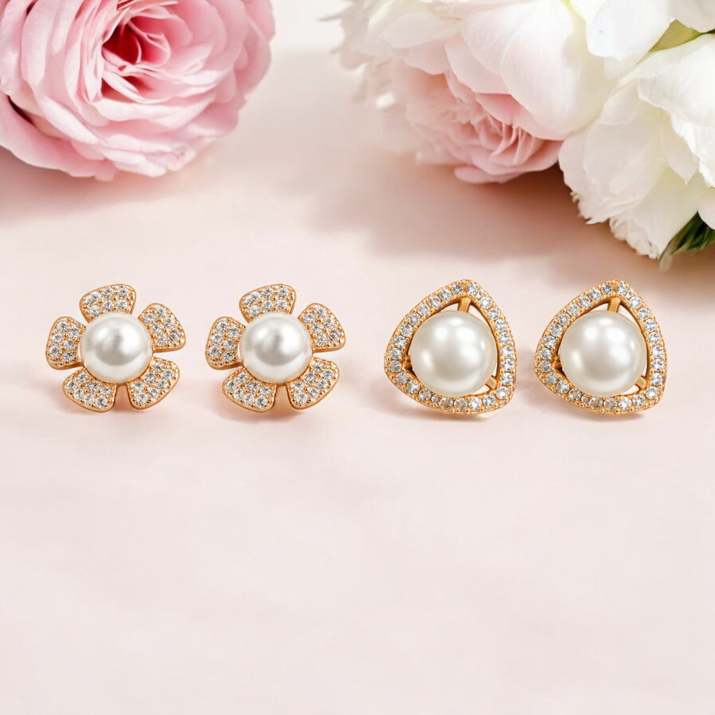 Pearl Pop Rose Gold Plated Pearl Stud Earrings| Value Set with AD Stone for Women And Girls