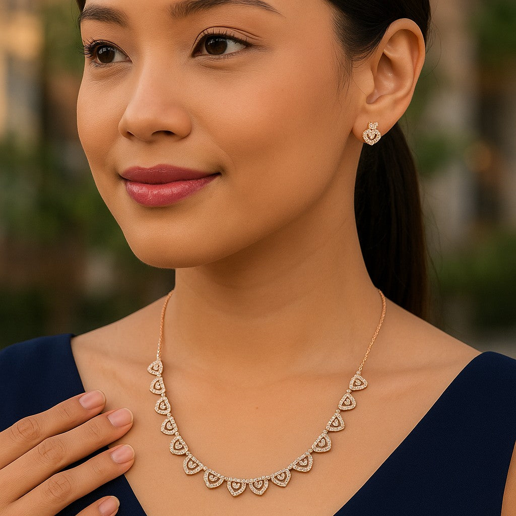 Rose Gold Plated AD Stone Necklace And Pair Of Earrings Jewelry Set for Women | Special Occasions, Wedding, Engagement, Dating | Anti Tarnish | Gift for Her