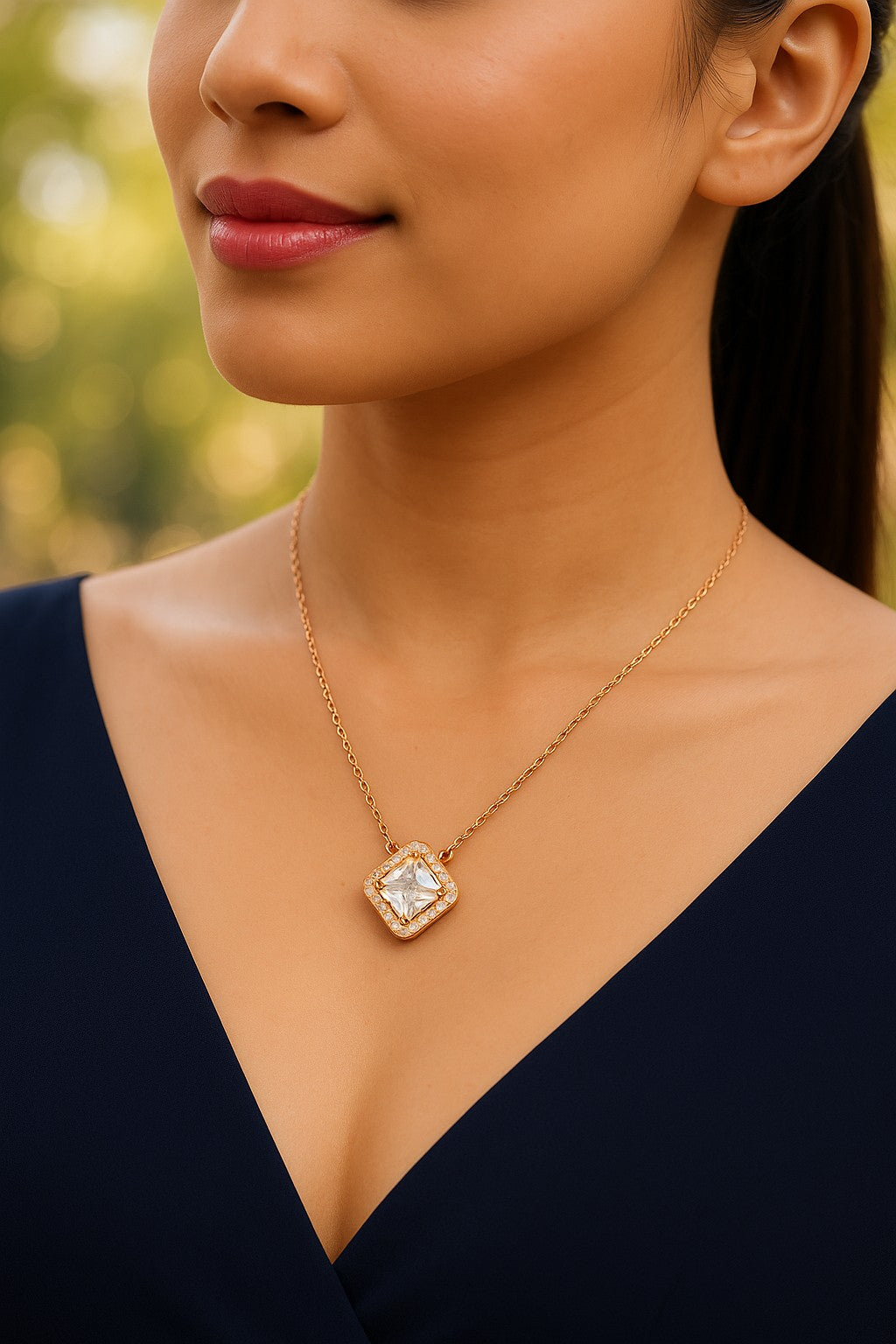 Nilu’s Collection Rose Gold Plated Pendant Necklace with Sparkling AD Stones for women and Girls