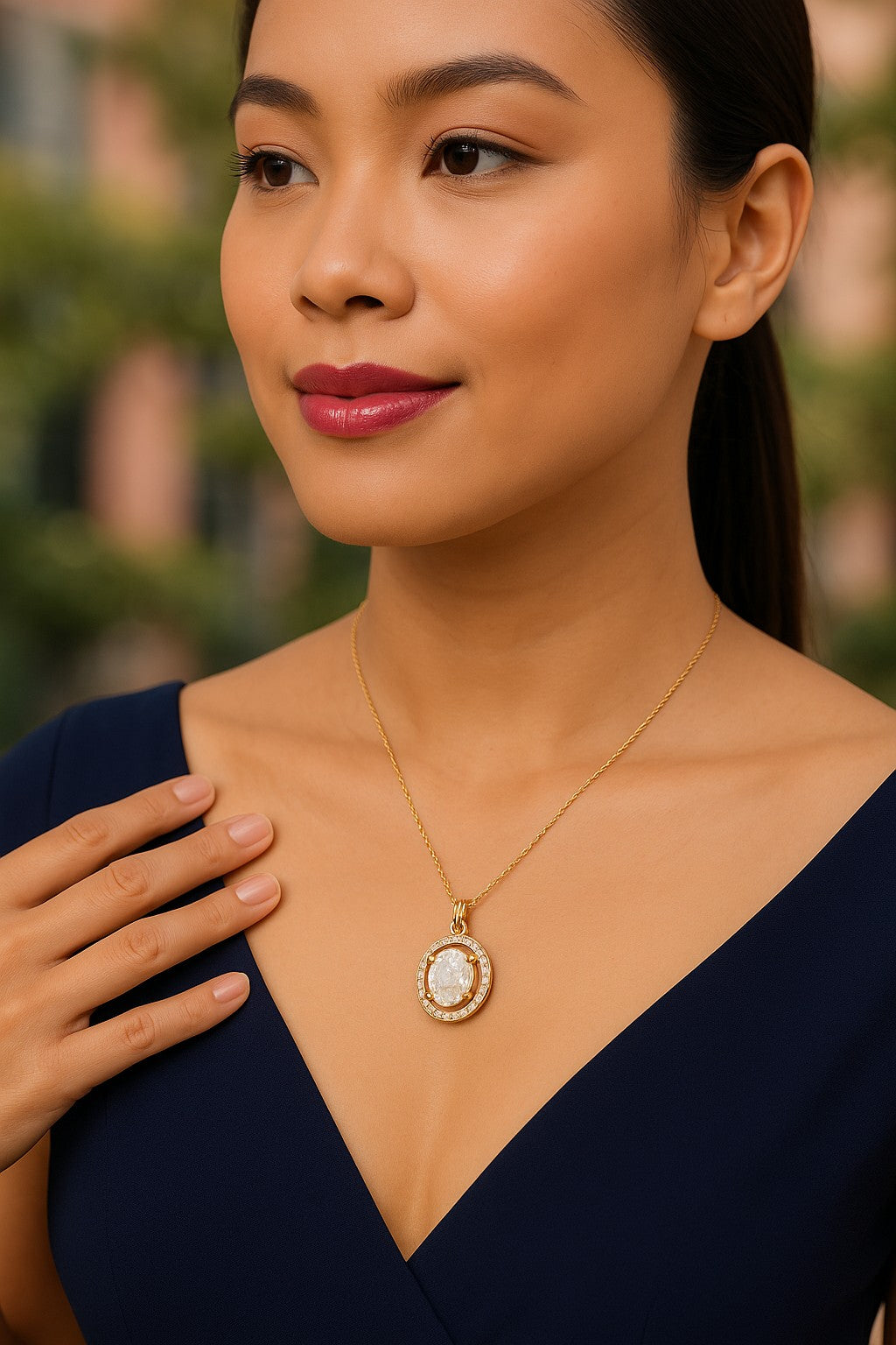 Nilu’s Collection Gold Plated Oval Pendant Necklace with Sparkling AD Stones For Women and Girls