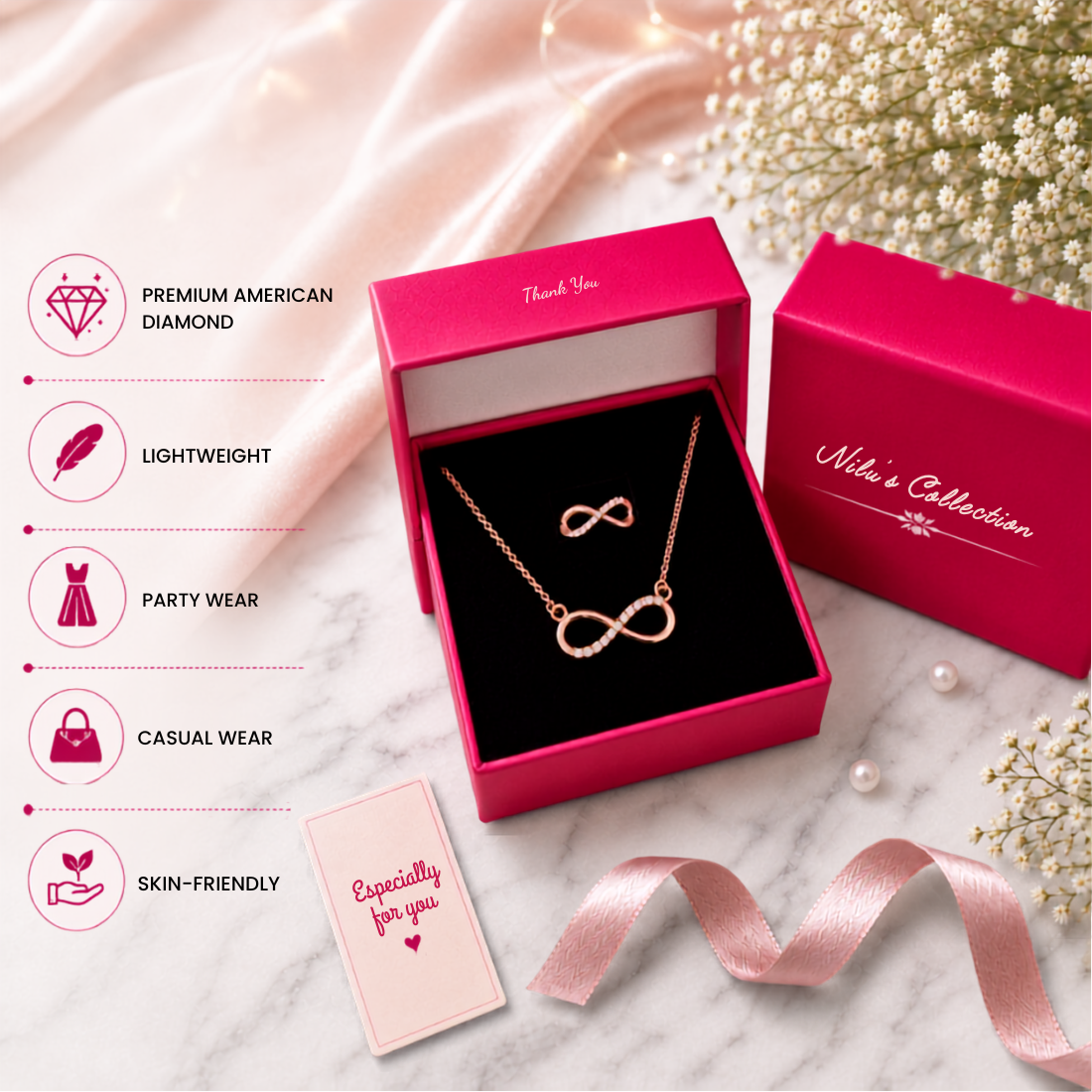 Rose Gold  Plated Infinity Pendant Necklace & Adjustable Ring Set
