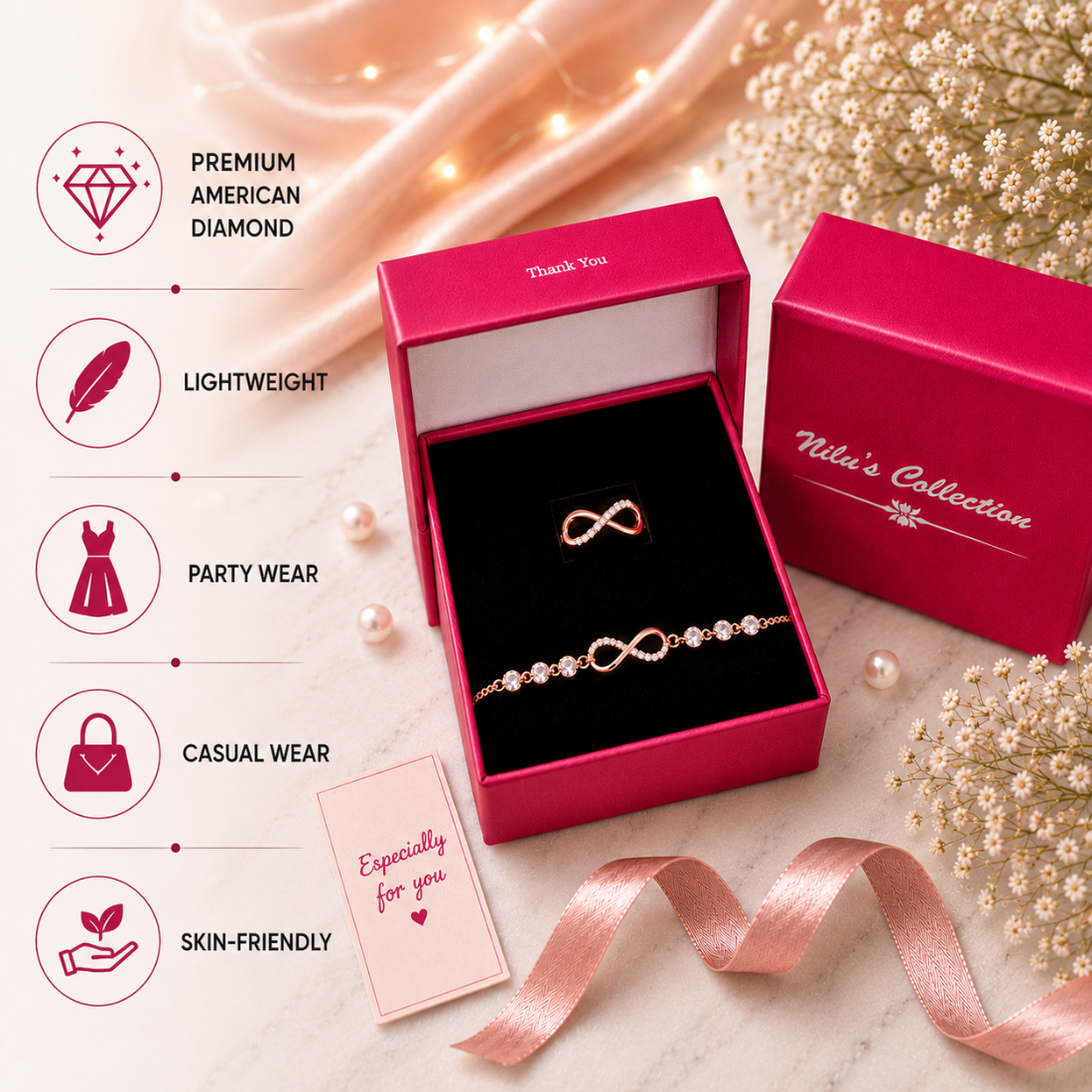 Rose Gold Infinity Bracelet & Ring Set