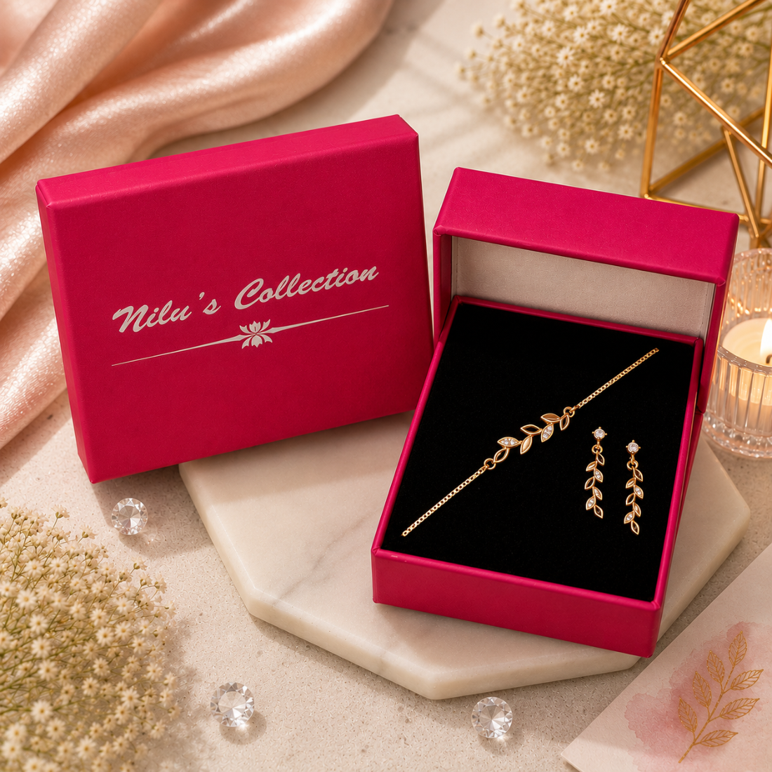 Gold Leaf Bracelet With Drop Earrings For Women