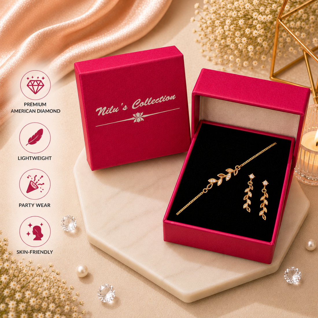 Gold Leaf Bracelet With Drop Earrings For Women