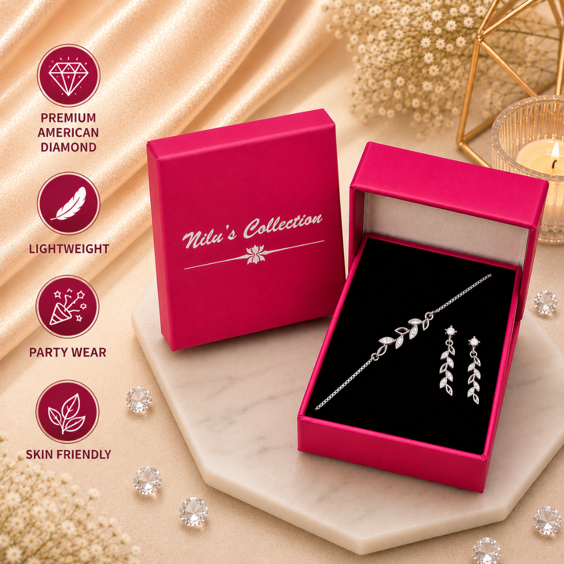 Silver Leaf Bracelet With Drop Earrings for Women
