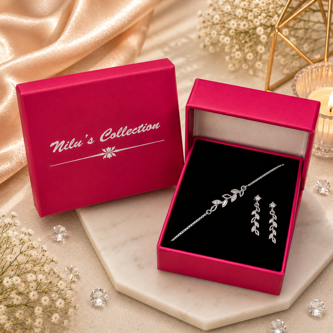 Silver Leaf Bracelet With Drop Earrings for Women