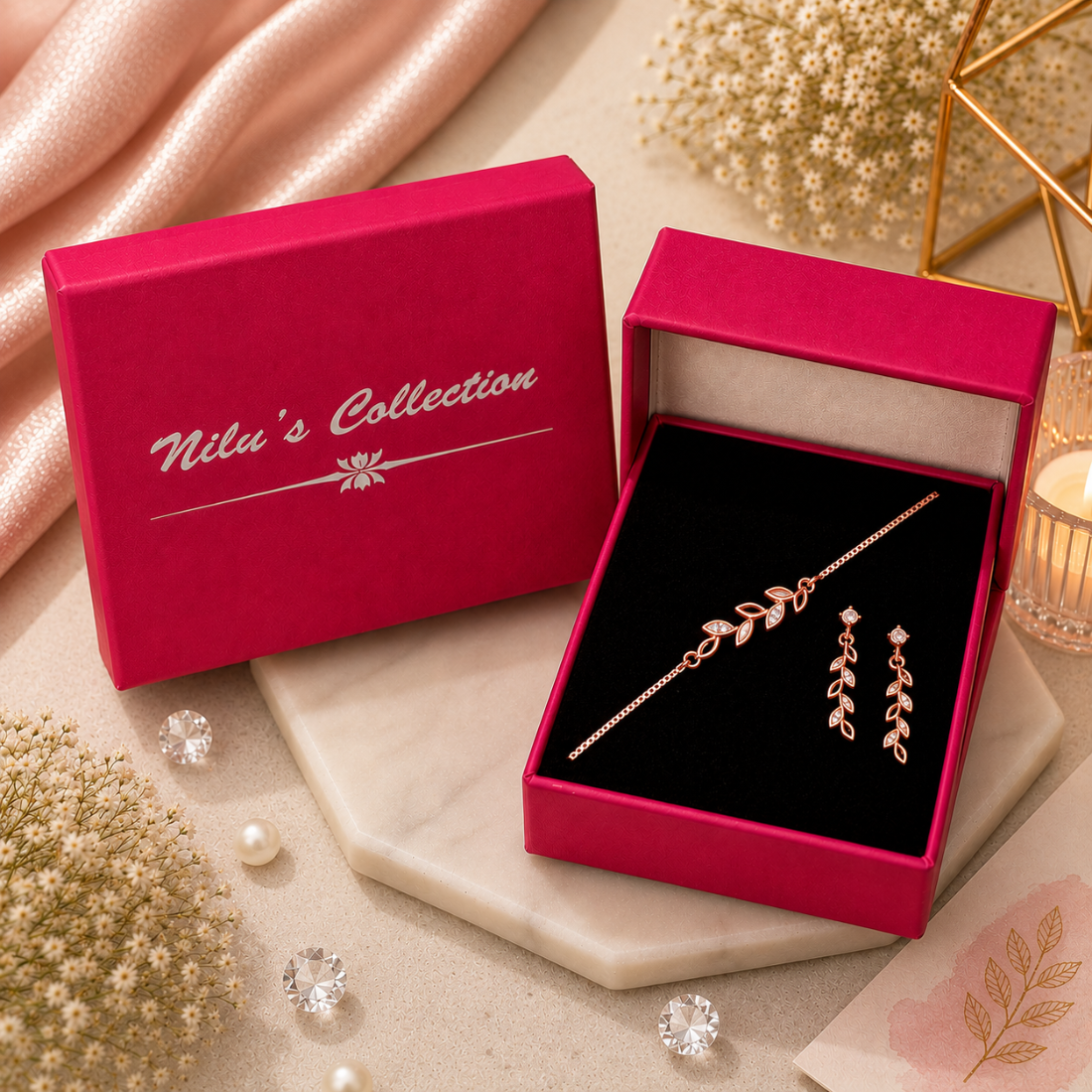 Rose Gold Leaf Bracelet With Drop Earrings For Women