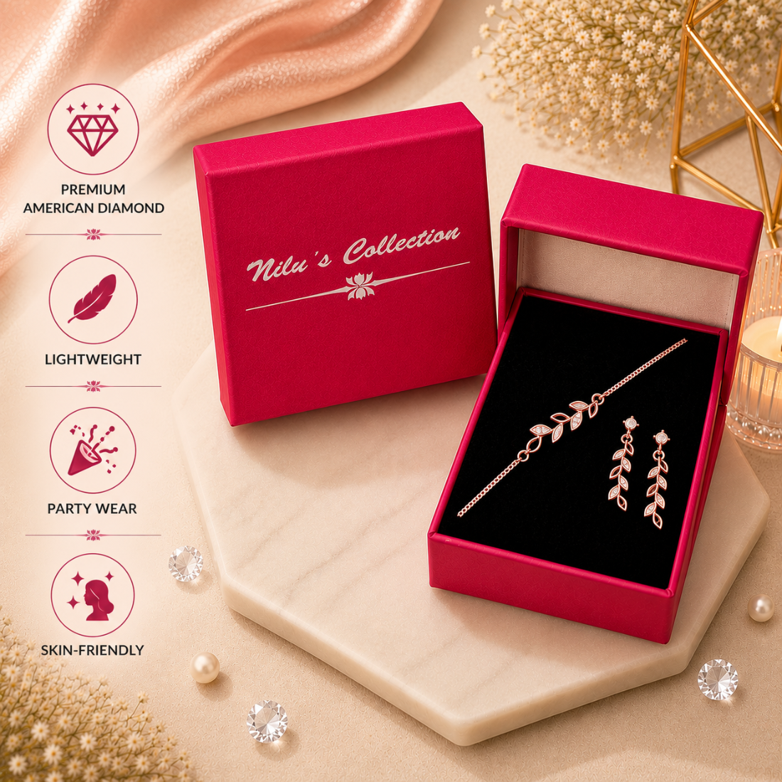 Rose Gold Leaf Bracelet With Drop Earrings For Women