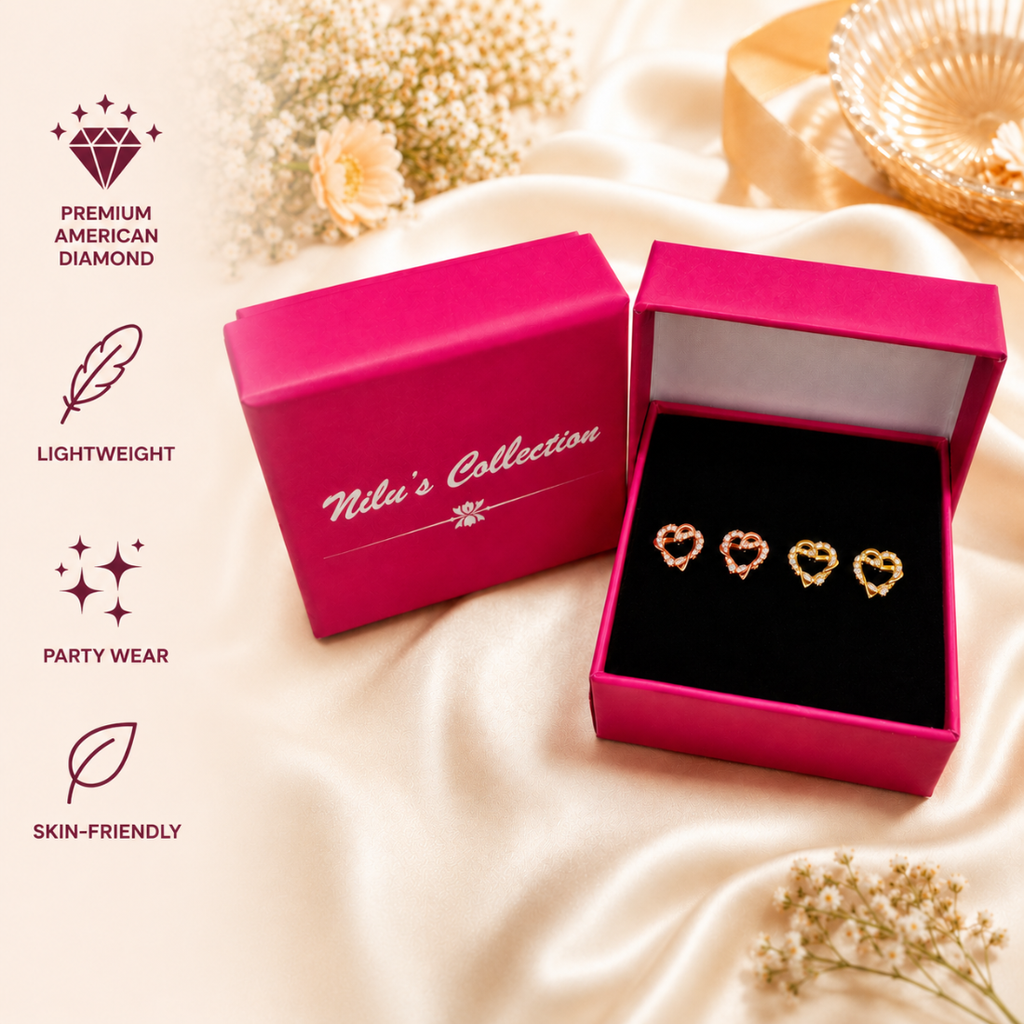 Multi Tone Set| Value Set Heart Shape Stud Earrings Combo Set for Women & Girls
