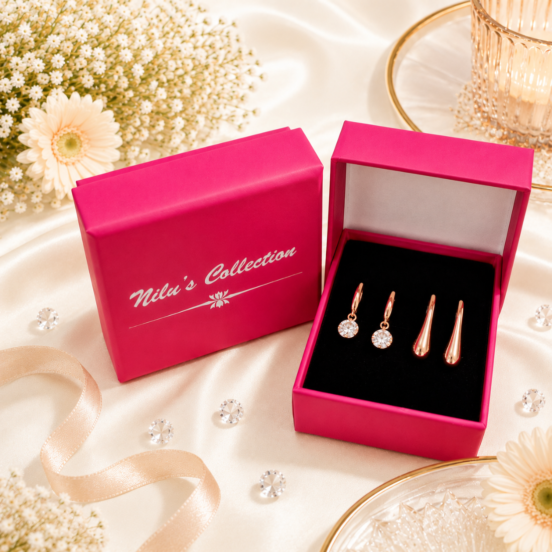 Tender Touch Duo Water Drop Studs and Crystal Hanging Earrings Value Set For Girls