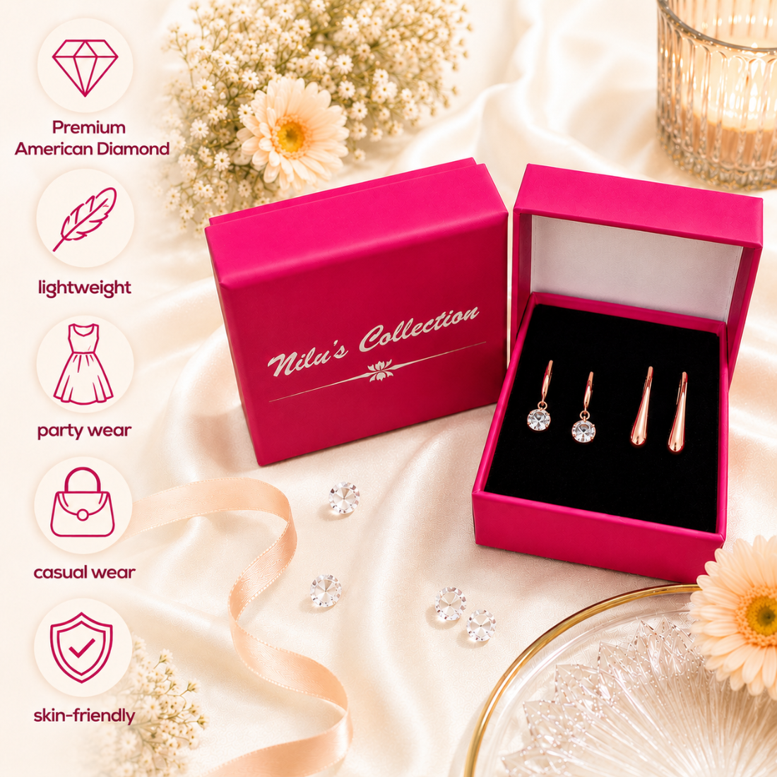 Tender Touch Duo Water Drop Studs and Crystal Hanging Earrings Value Set For Girls
