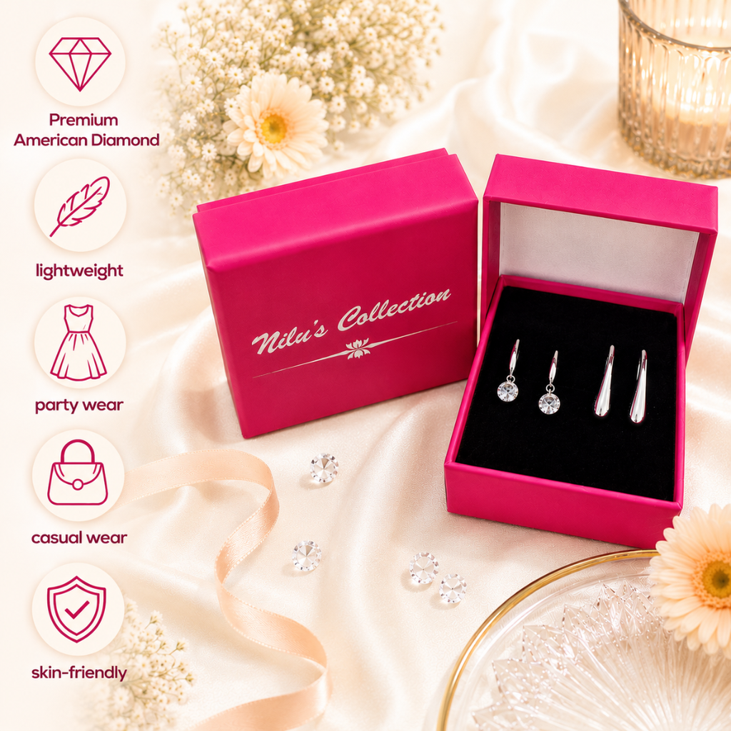 Tender Touch Duo Water Drop Studs and Crystal Hanging Earrings Value Set For Girls