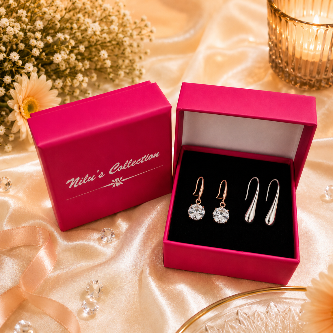 Tender Touch Duo Water Drop Studs and Crystal Hanging Earrings Value Set For Girls