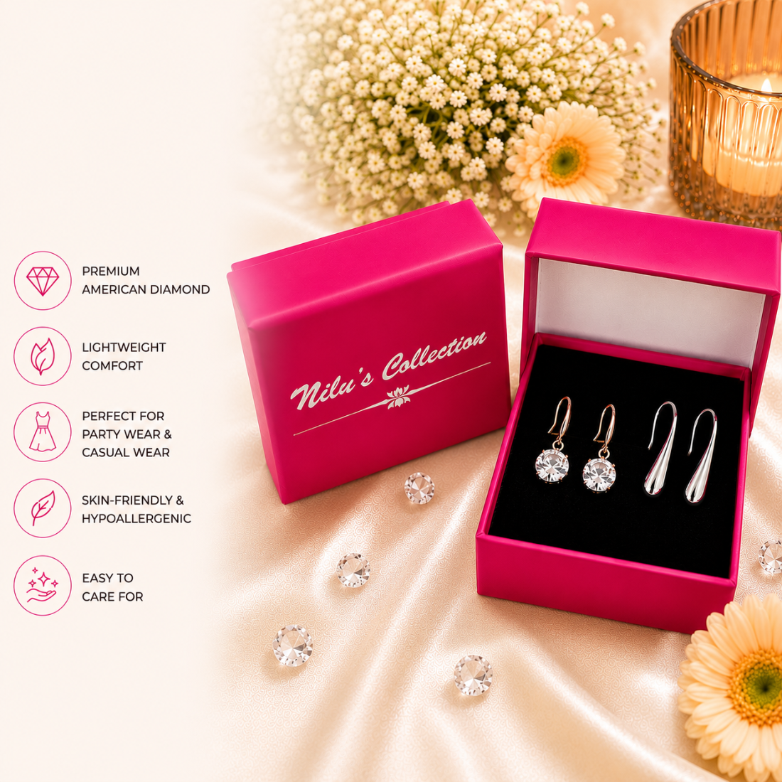 Tender Touch Duo Water Drop Studs and Crystal Hanging Earrings Value Set For Girls