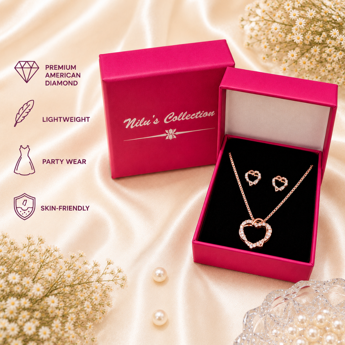 Rose Gold Plated Heart Shape Pendant With Matching Earring