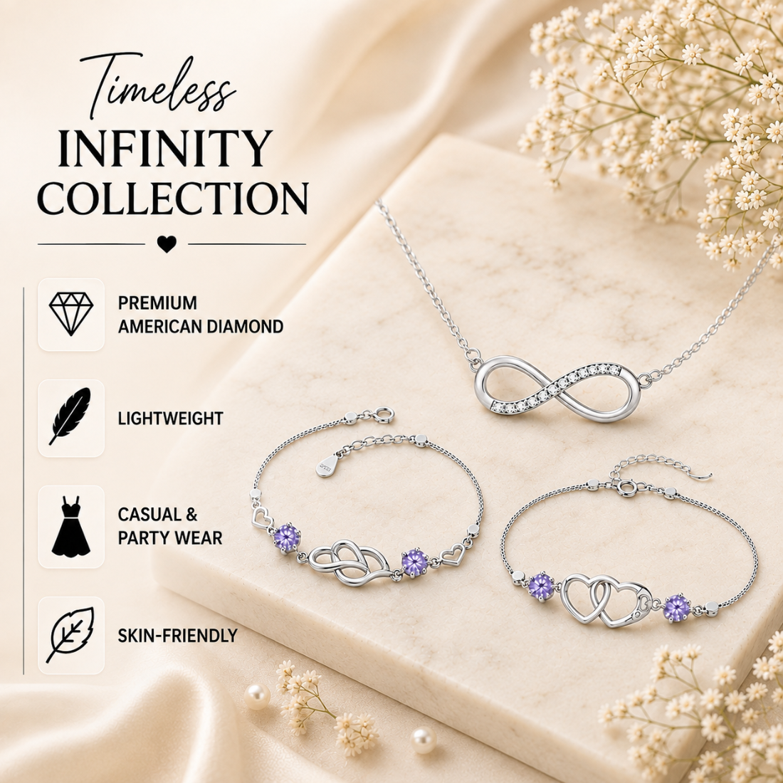 Silver Plated Infinity Love Pendant Bracelet Set
