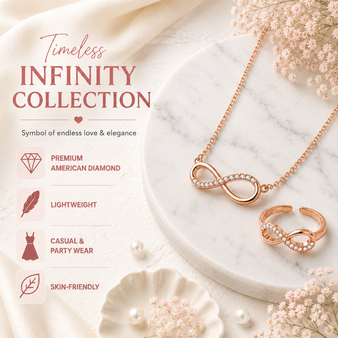 Rose Gold  Plated Infinity Pendant Necklace & Adjustable Ring Set