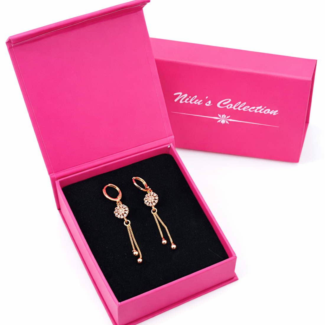 Gift Rose Gold Plated Drop Earrings Set With American Diamond For Women And Girls