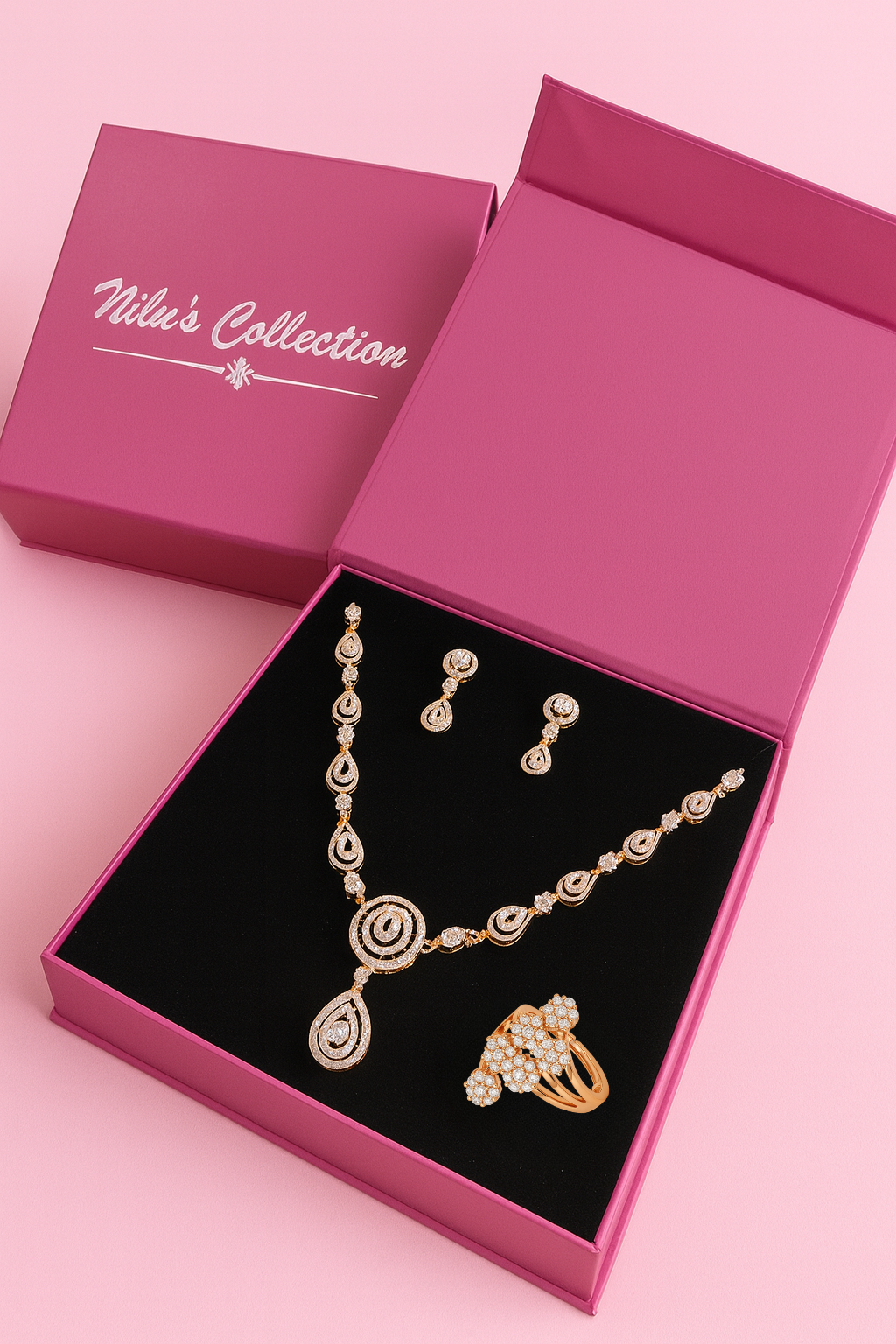 Gift Rose Gold Plated Necklace set and Ring With American Diamond For Women And Girls