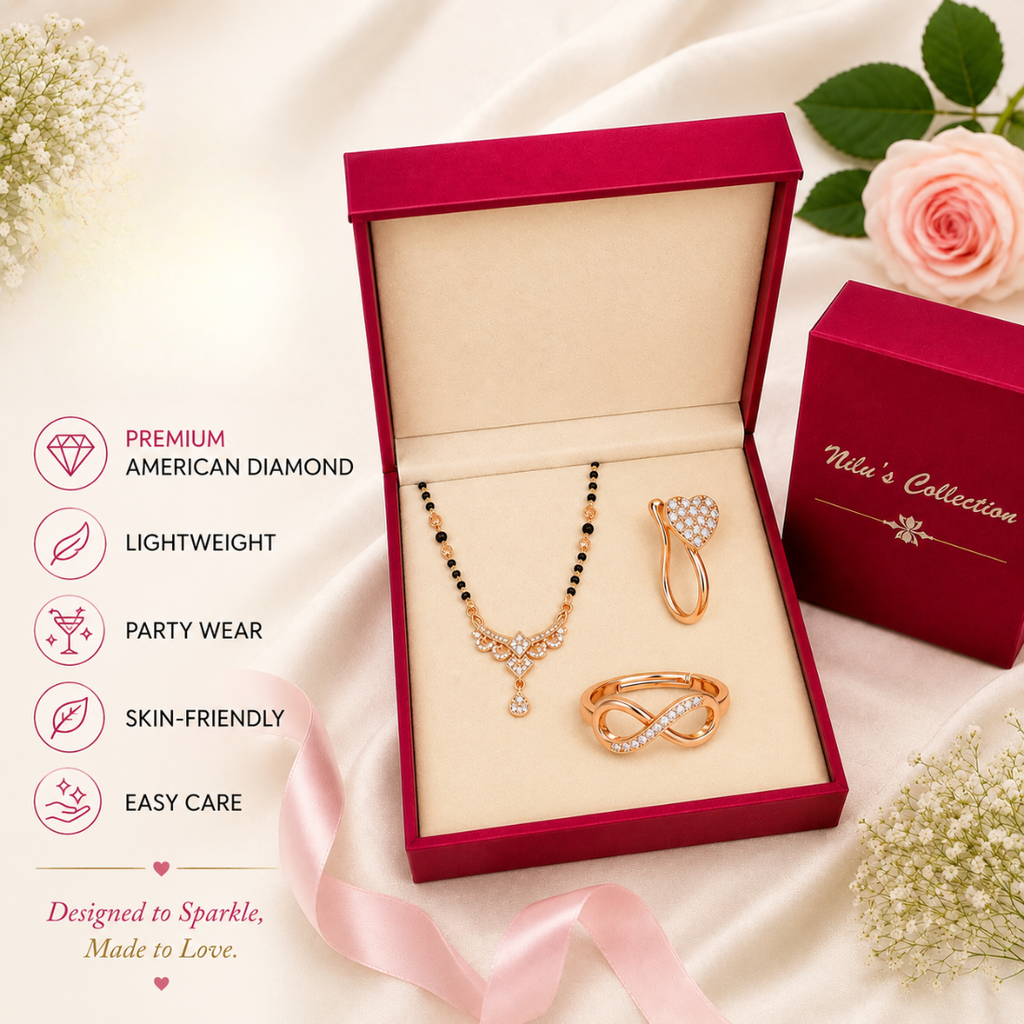 Rose Gold Mangalsutra With Nosepin And Ring