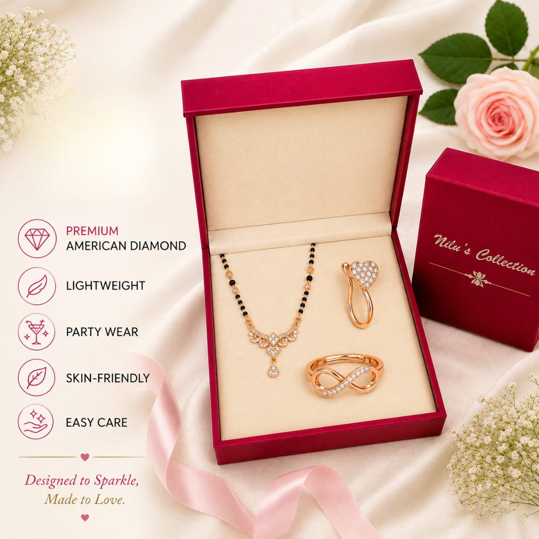 Rose Gold Mangalsutra With Nosepin And Ring