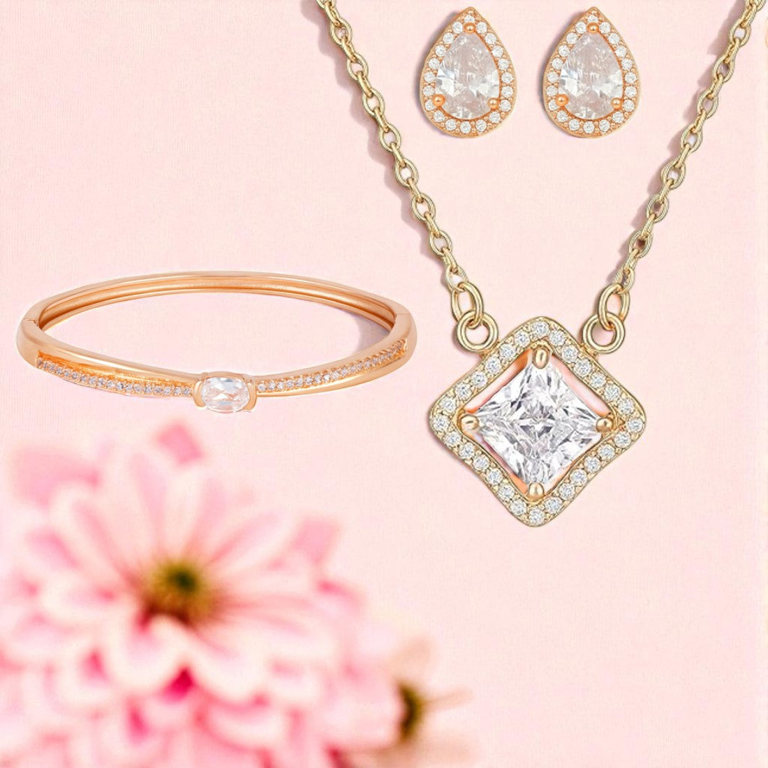 Gift Rose Gold Plated Pendant With Earrings And Kada bracelet With American Diamond For Women And Girls
