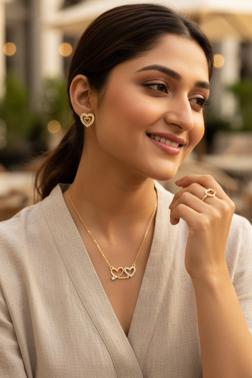 Harmony Hues Valentine Special Rose Gold Plated Heart Shaped Jewellery Value Set For Women And Girls | Pendant | Earrings | Ring