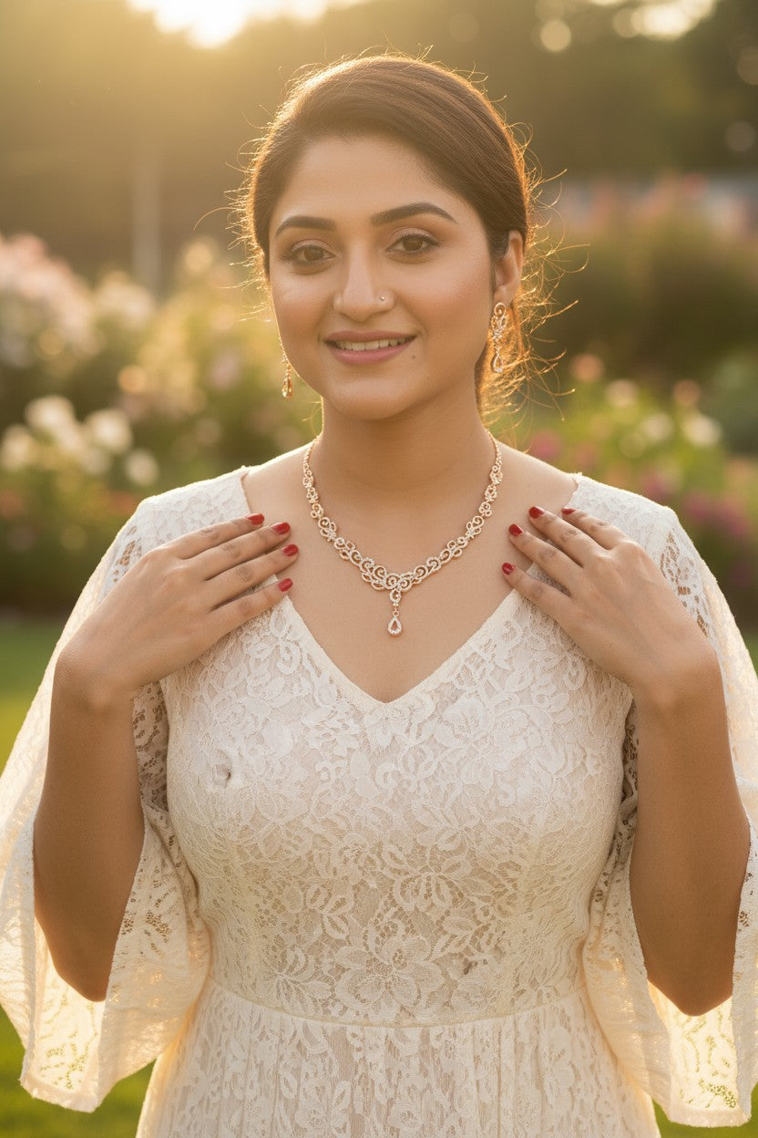 Nilu's Collection Rose Gold Plated Necklace set With American Diamond For Women And Girls | Office Wear | Anti-Tarnish | Gift For Her