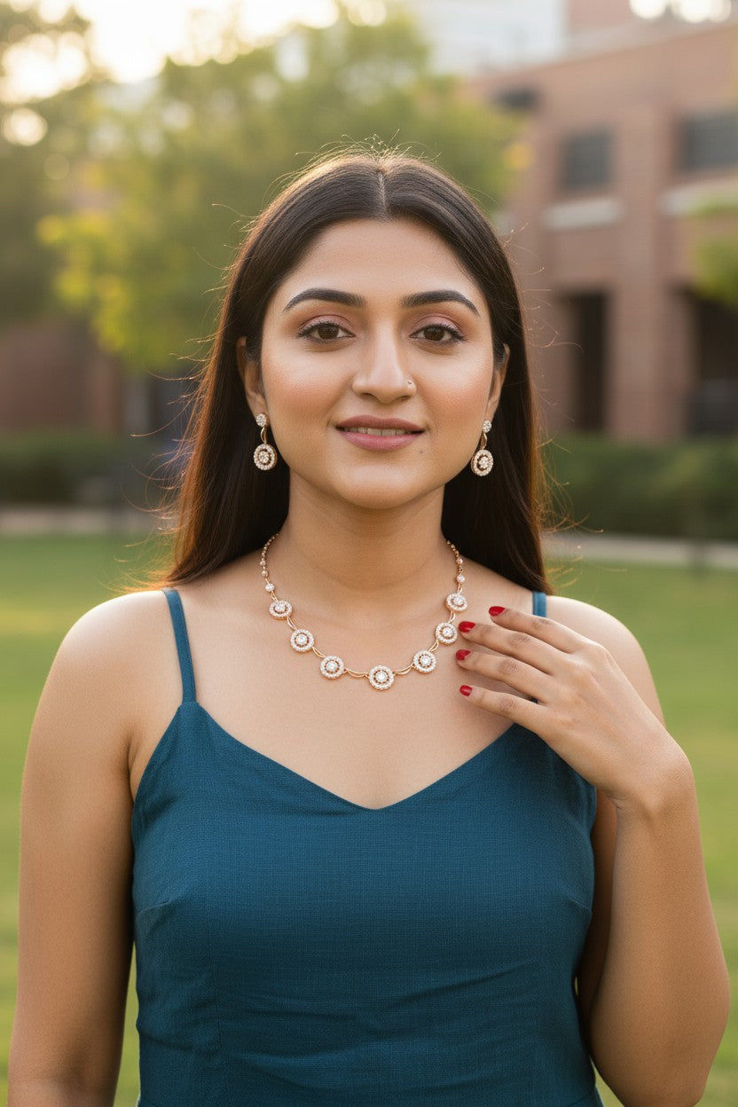 Nilu's Collection Rose Gold Plated Round Pattern Necklace Set With American Diamond For Women And Girls | Anti-Allergy | Anti-Tarnish | Gifr For Her