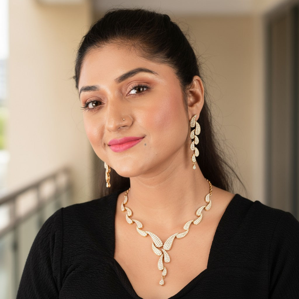 Nilu's Collection Rose Gold Plated Necklace with Leaf Motifs and Matching Drop Earrings For Women & Girls