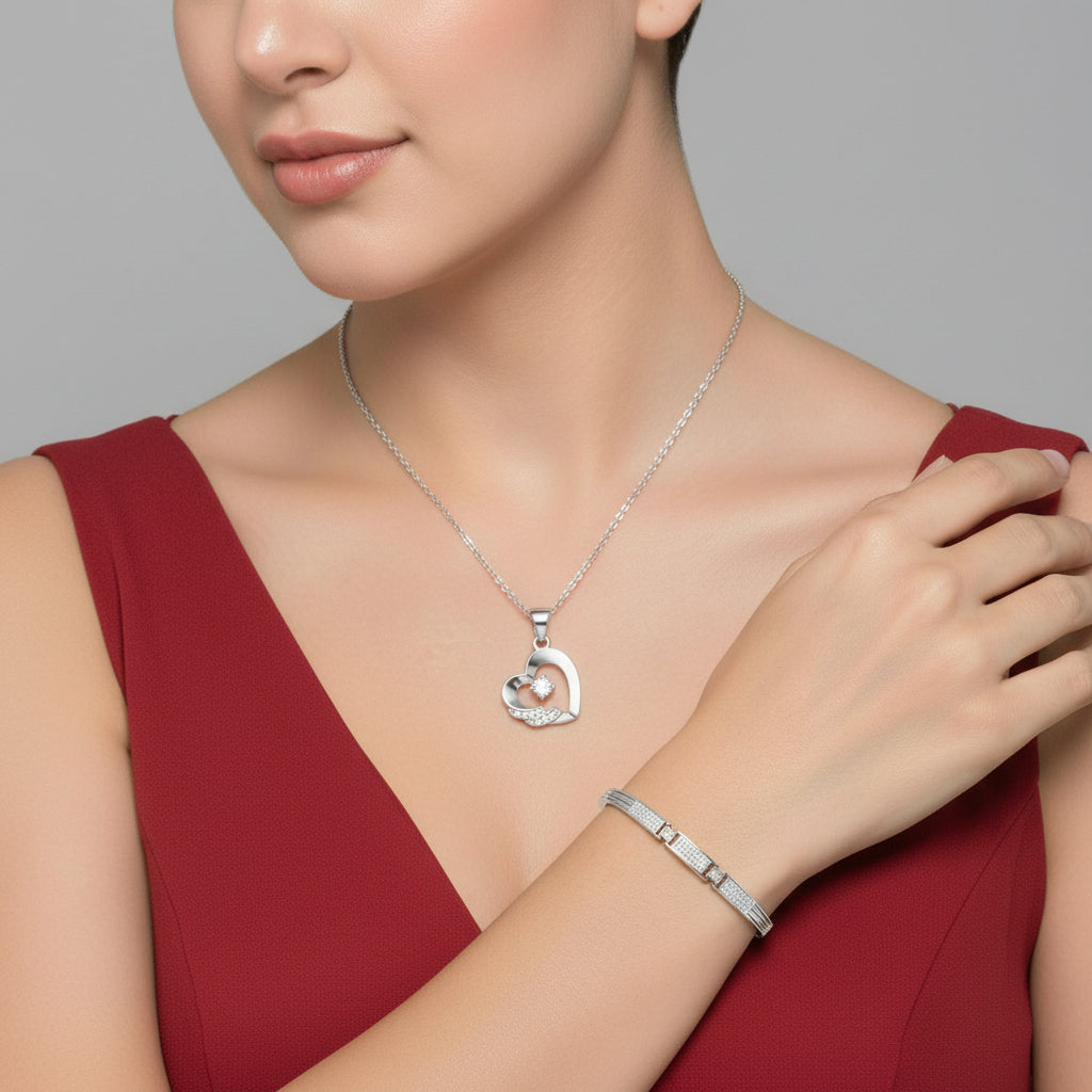 Gift Silver Plated Heart Shape Pendant With Bracelet For Women And Girls