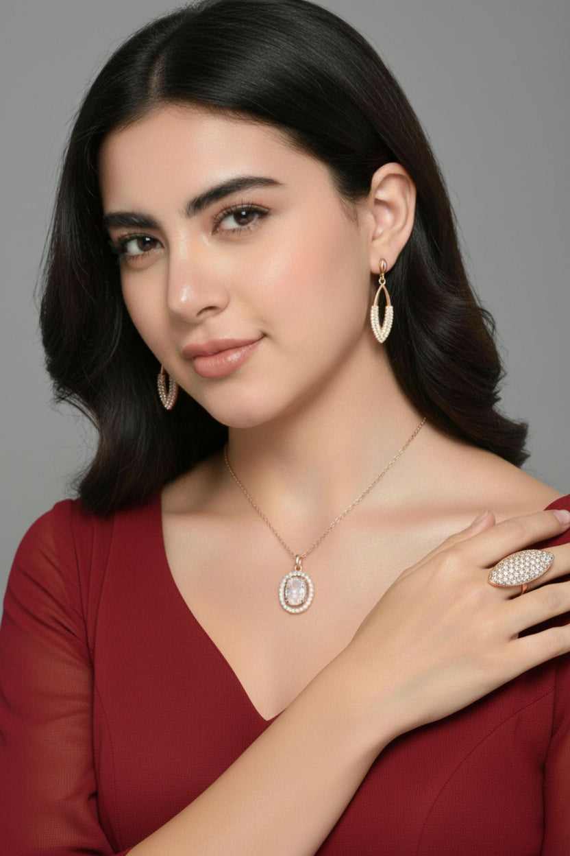 Gift Rose Gold Plated Pendant With Bracelet And Ring For Women And Girls| Valentine Gift