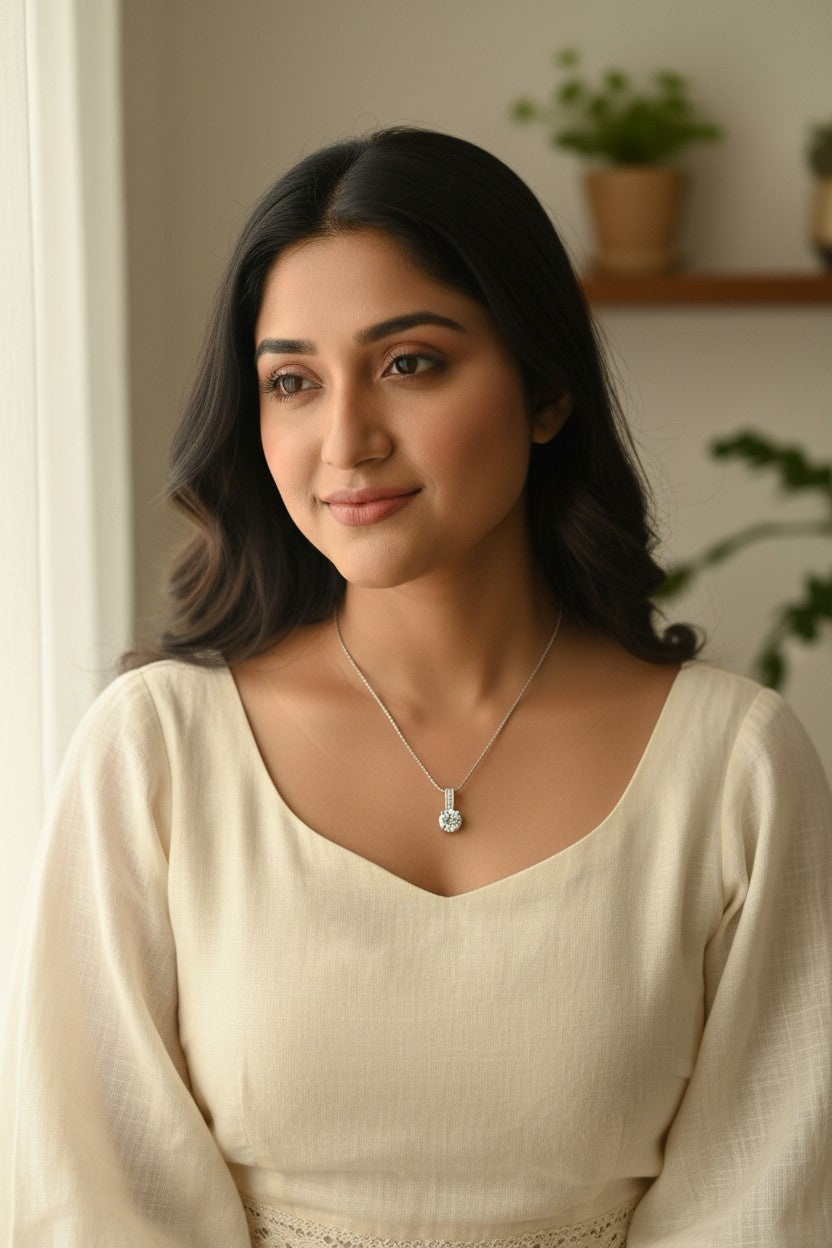 Silver Plated Round Solitaire Pendant With Chain & AD Stone | Stylish Delicate Cubic Zircon Pendant with Chain for Women