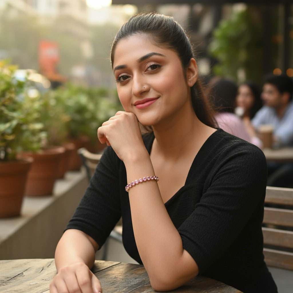 Trendy Tennis Adjustable Bracelet With American Diamond For Women & Girls | Anti- Tarnish | Anti- Allergy |Daily Wear ( Light Pink )