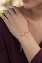 Double Heart Shape Cubic Zirconia Charm Bracelet, Love Bracelet for Women and Girls (Rose Gold)