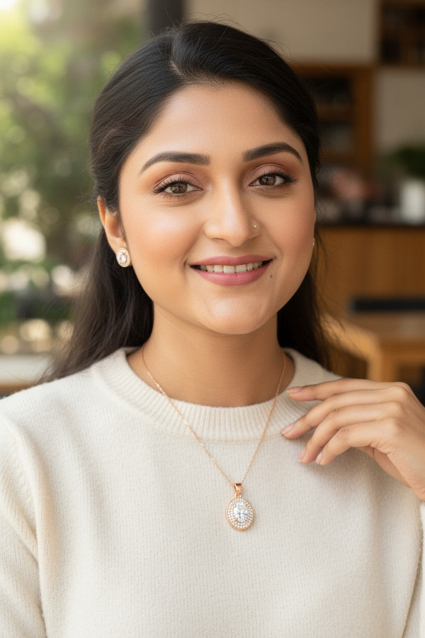 Nilu's Collection Rose Gold Plated Ruby Oval Pendant Necklace and Earring Set for Women and Girls | Anti-Tarnish | Anti-Allergy | Office Wear | Gifting