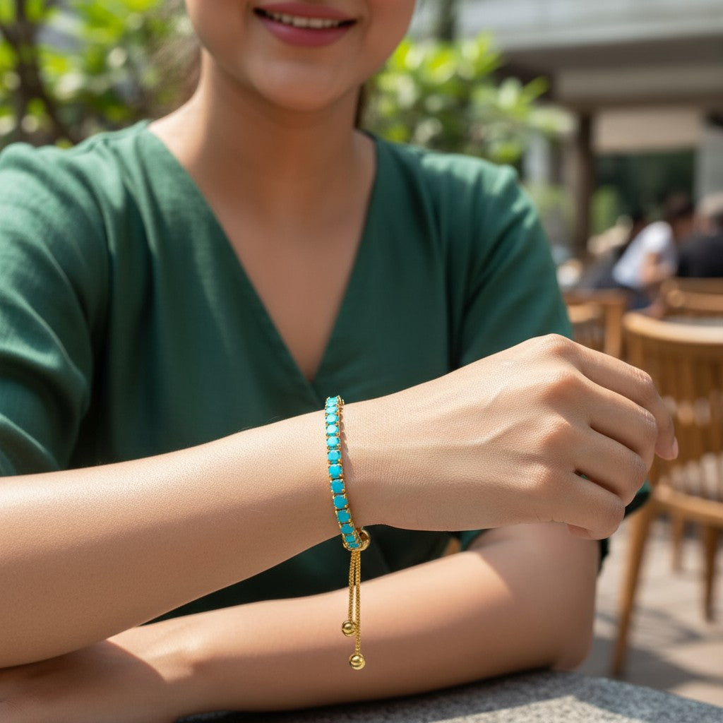 Trendy Tennis Bracelet With American Diamond For Women And Girls (Aqua Colour)