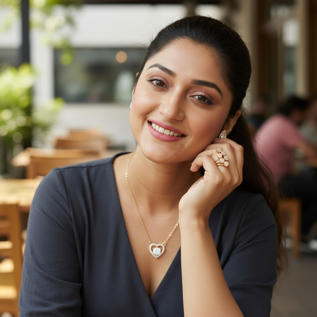 Harmony Hues Value Set Rose Gold Plated American Diamond Jewellery Set for Girls| Earrings, Pendant and Ring