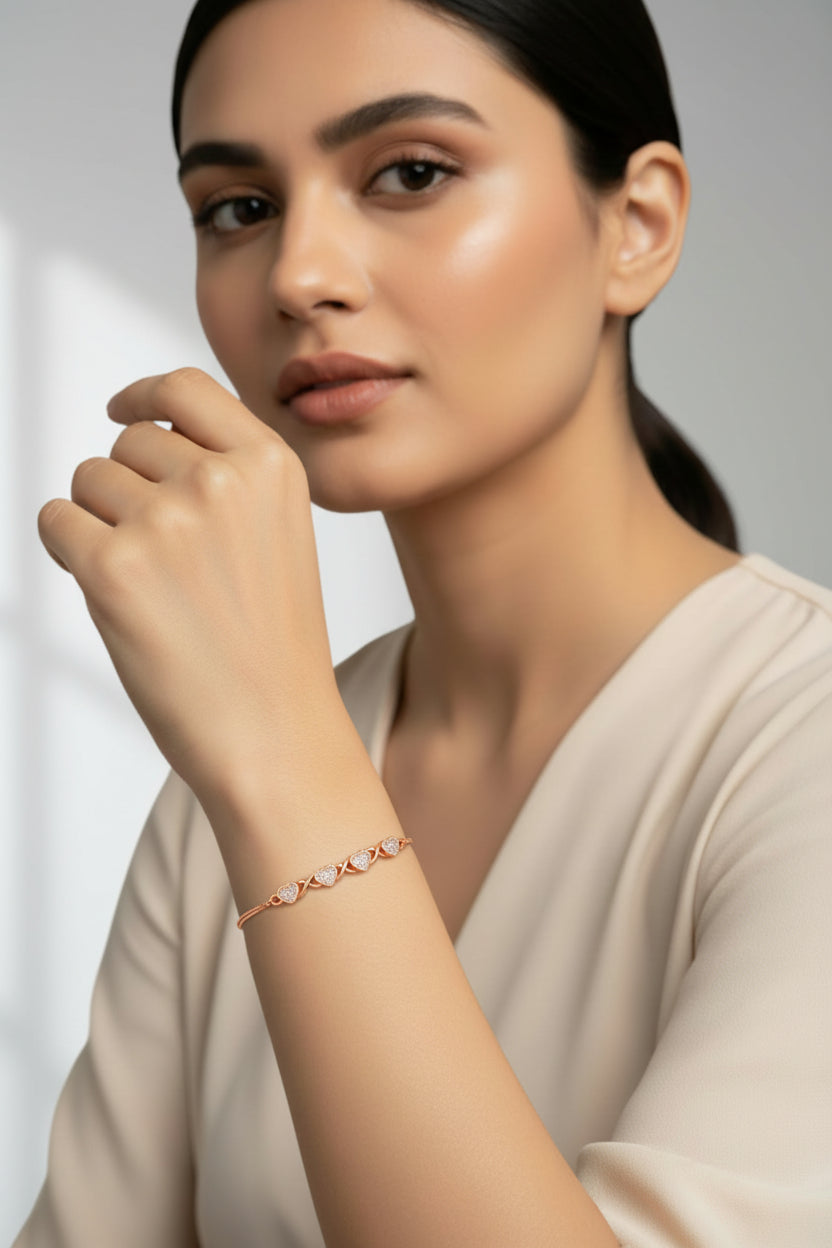 Rose Gold Plated Adjustable Infinity Heart Bracelet with American Diamonds for Women & Girls