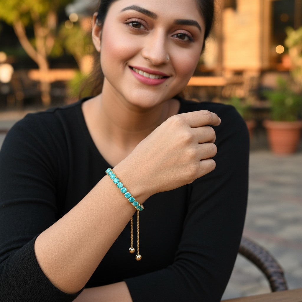 Trendy Tennis Adjustable Bracelet With American Diamond For Women & Girls | Anti- Tarnish | Anti- Allergy |Daily Wear (Ocean Blue)