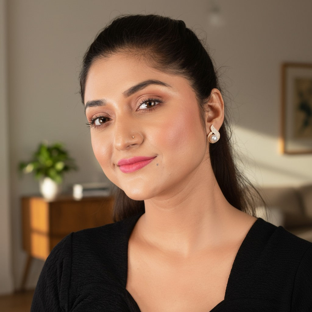 Nilu's Collection Rose Gold Plated Pearl Stud Earrings with Sparkling AD Stones Earrings for Women & Girls | Perfect for Gifting | Anti-Tarnish